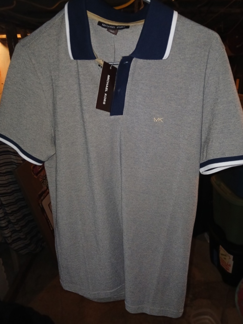 NWT- Michael Kors Men's Heather Grey Polo with Navy & White Trim